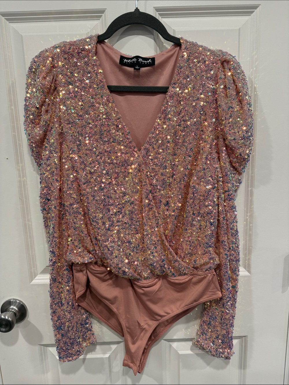white birch Rose Pink Sequin Puff Sleeve Bodysuit